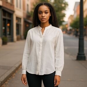 Loft Petite Small Women's White Blouse Patterned V Neck Long Sleeve